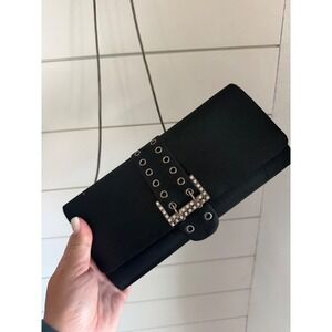 Black Satin Evening Clutch Rhinestone Buckle Grommet Strap Chain Shoulder Bag